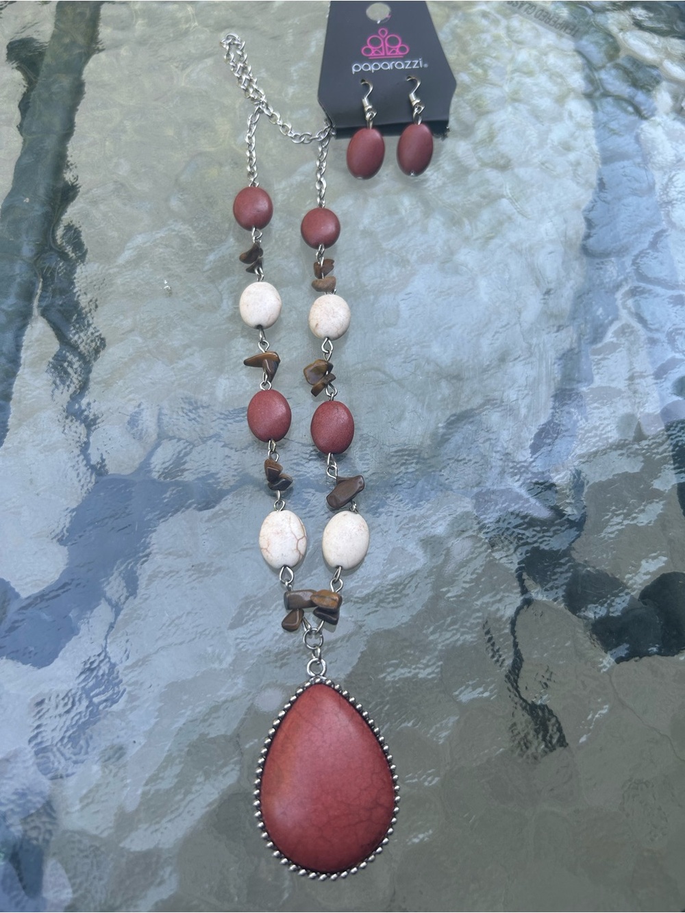 paparazzi Red Teardrop Pendant Necklace with Cream and Brown Beads